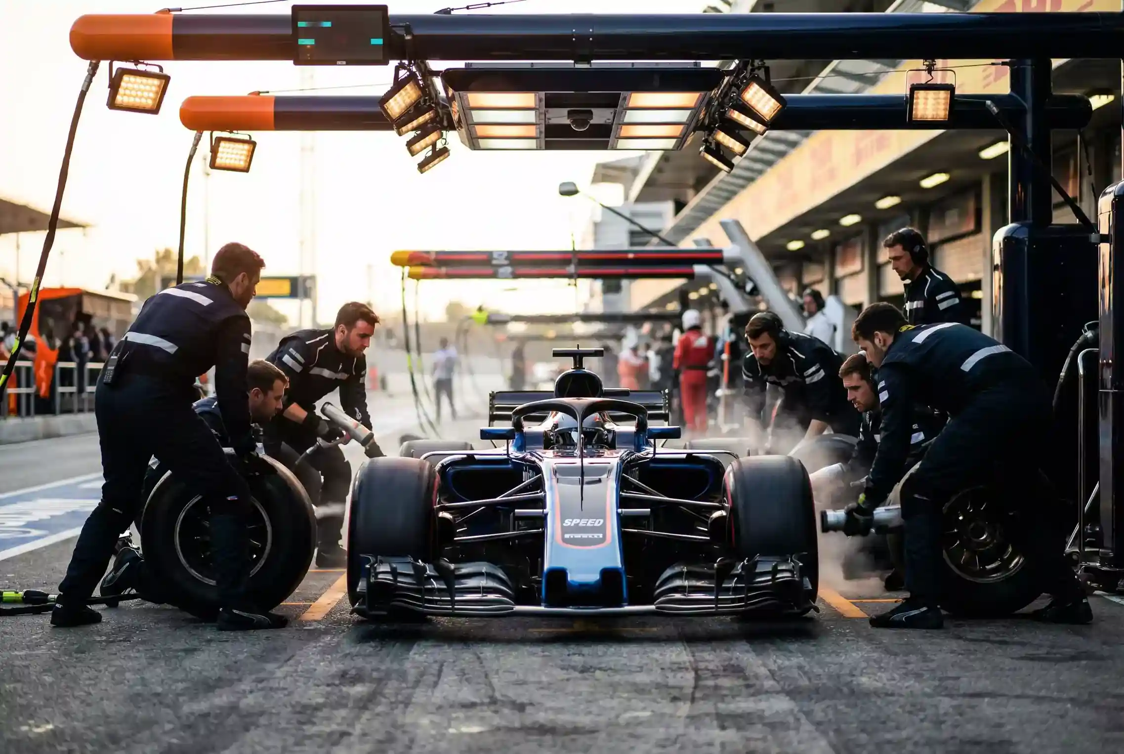 Boxenstopp-Szene eines Formel-1-Teams waehrend eines Rennens mit Mechanikern am Fahrzeug