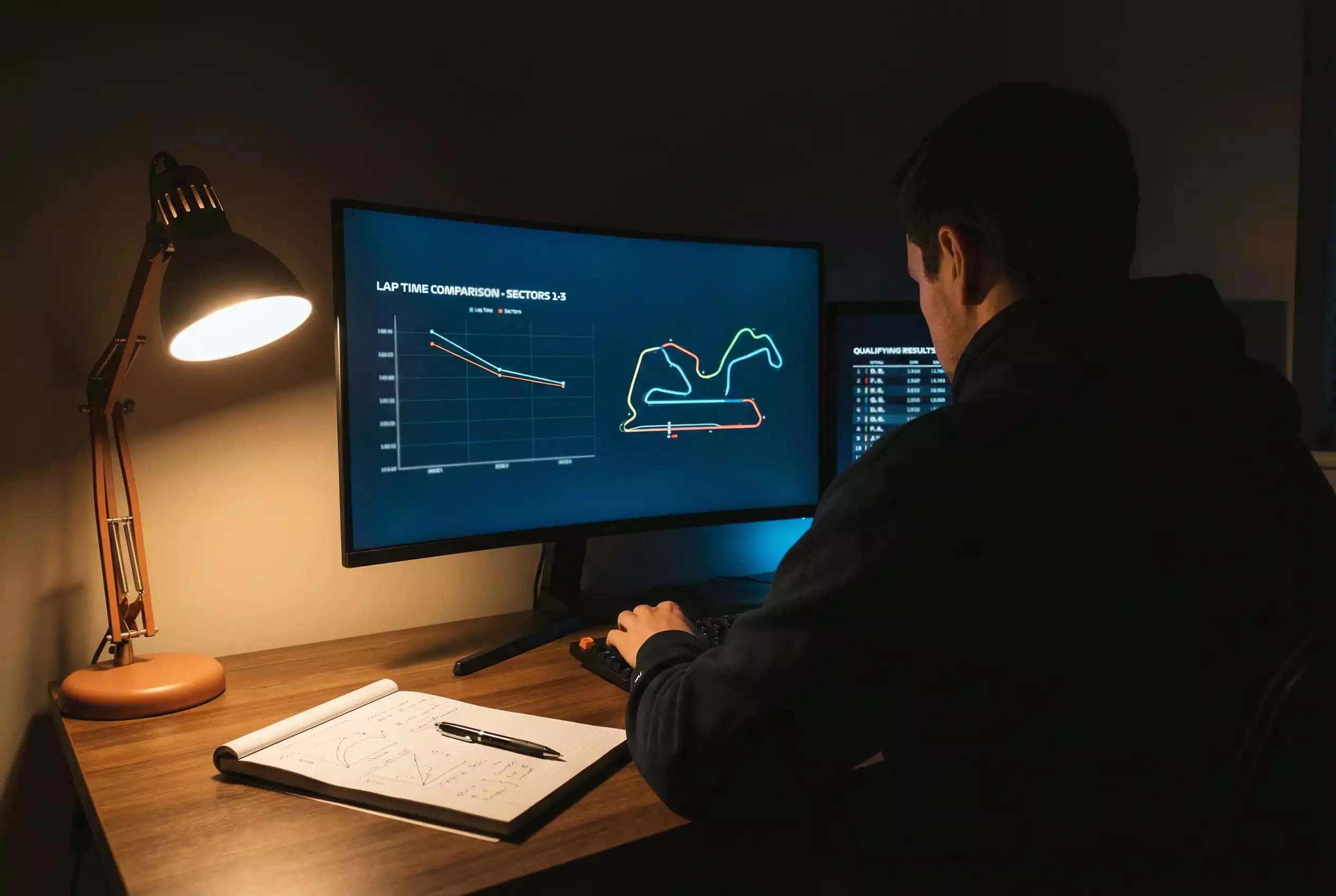 Datenanalyse fuer Motorsport-Wetten mit Qualifying-Ergebnissen und Streckenstatistiken auf einem Bildschirm